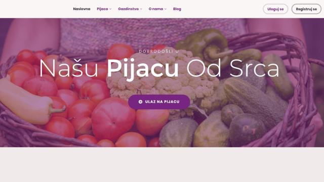 Homepage of the Naša Pijaca Od Srca online marketplace, with a basket of fresh vegetables