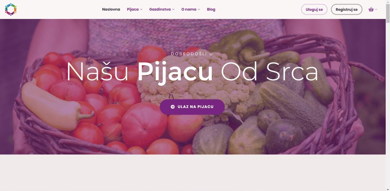 Homepage of the Naša Pijaca Od Srca online marketplace, with a basket of fresh vegetables