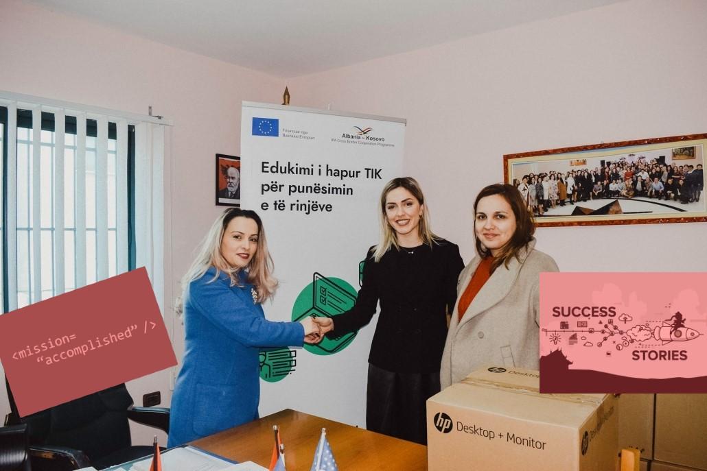 Three women at a computer handover, two shaking hands in front of an EU-funded project banner